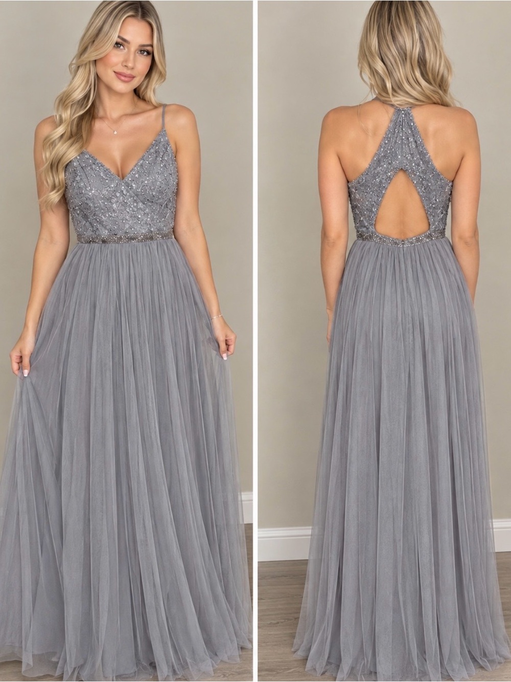 Gray Beaded Tulle Prom Dress with Keyhole Back